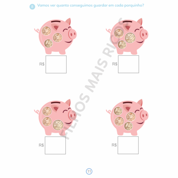 Página de atividade com cofrinhos e moedas